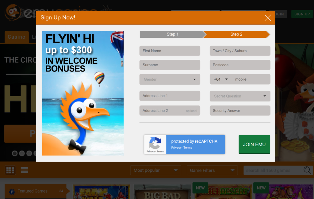 Emu Casino NZ - Play and Get Your $300 Bonus | CasinoWatch 12 Registration 2 Emu Casino NZ