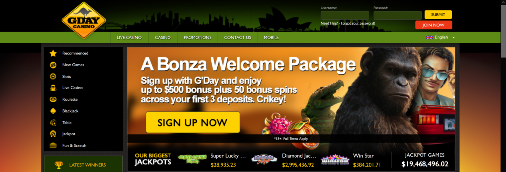 GDay Image Gday Casino 50 Free Spins